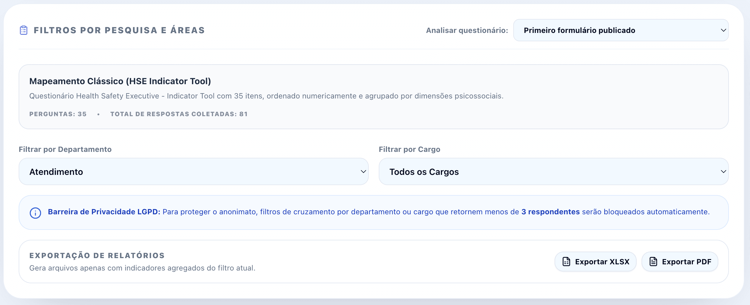 Filtros por pesquisa e áreas, barreira de privacidade LGPD e exportação de relatórios